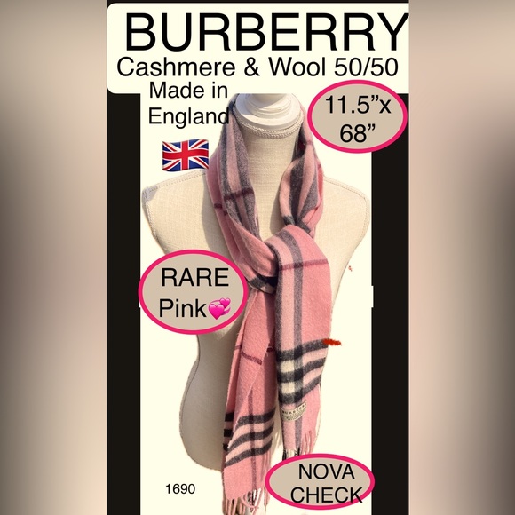 BURBERRY Salmon Pink Cashmere/WOOL  NOVA CHECK Scarf💞EUC💞11.5”x 68”🔥Very RARE - Picture 1 of 9